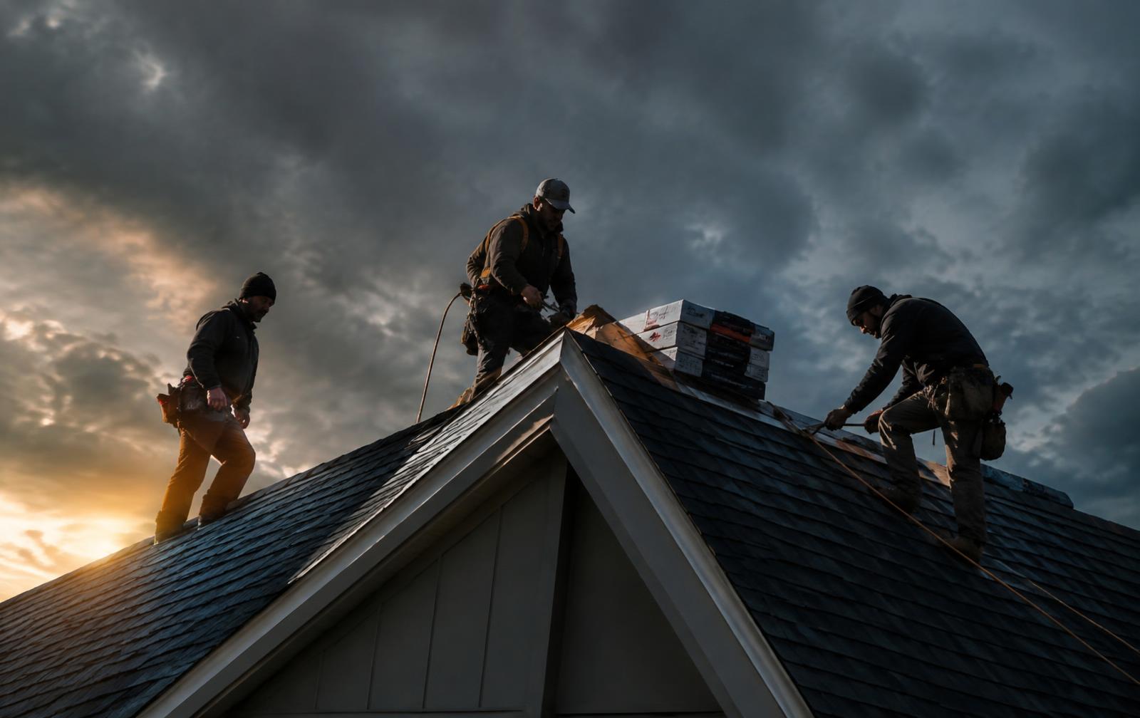 Roofing crew installing shingles at sunset